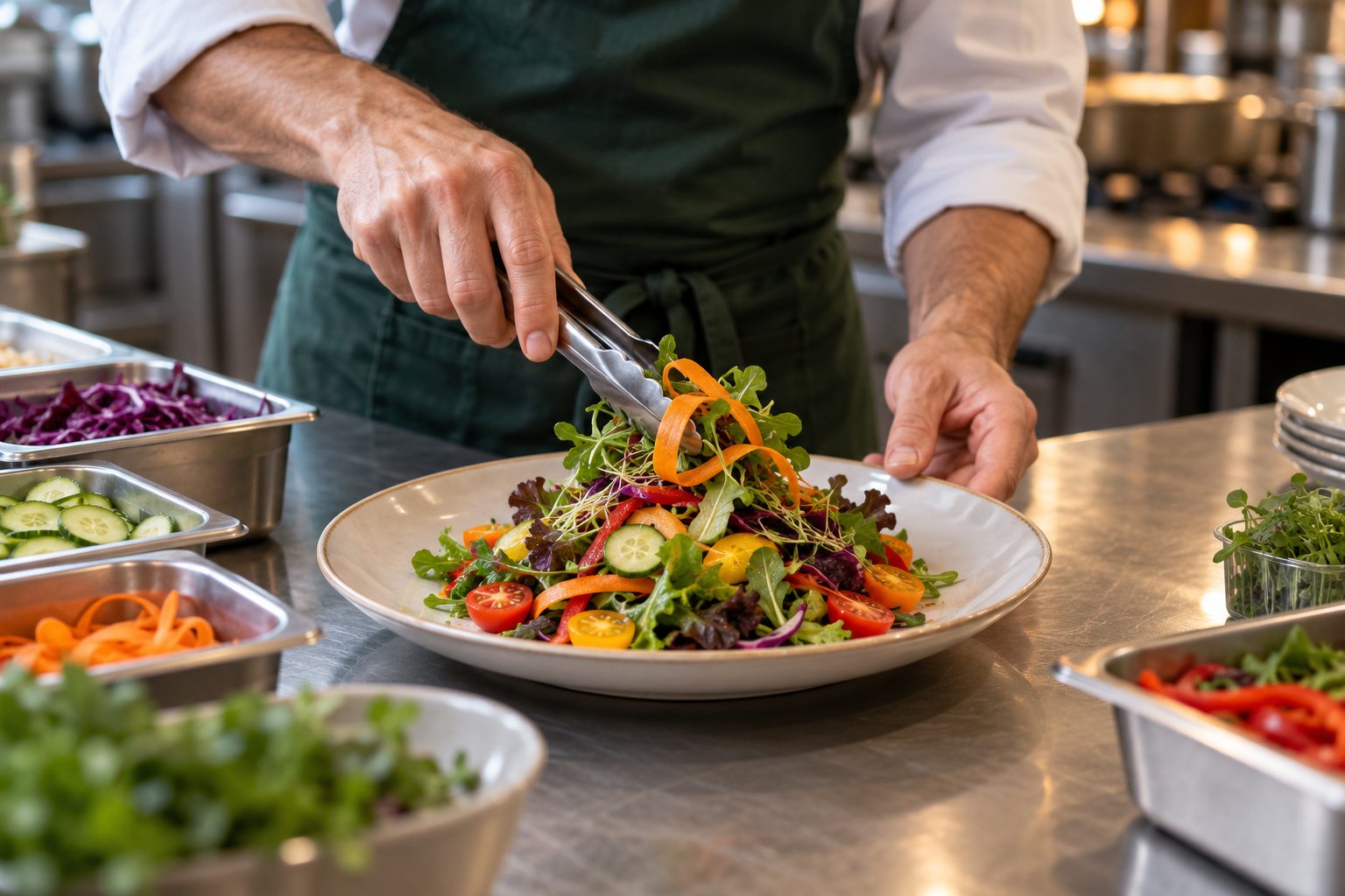 Manos de un chef emplatando una ensalada con verduras preparadas